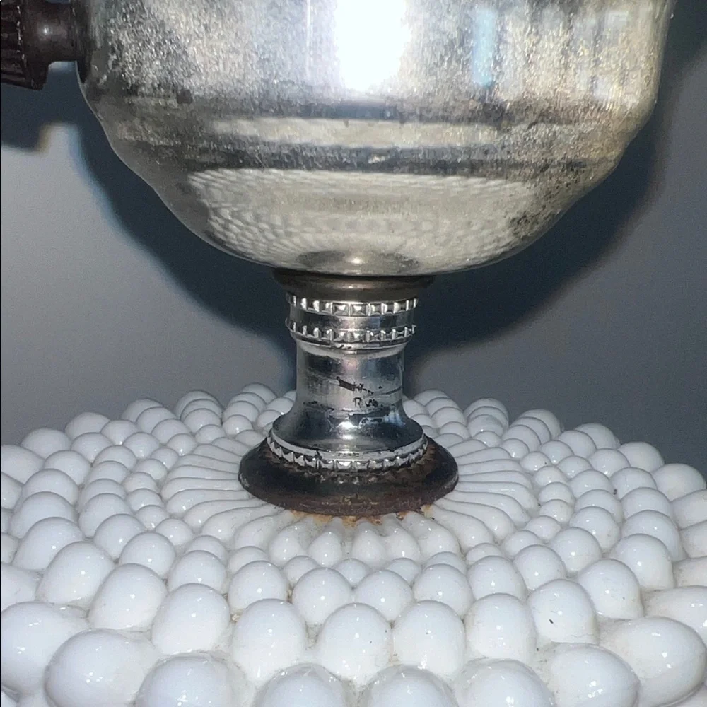 White MILK GLASS hobnail with a hurricane chimney. Tested and works.